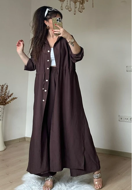 Bel Bağcıklı Tunık Takım Kahve