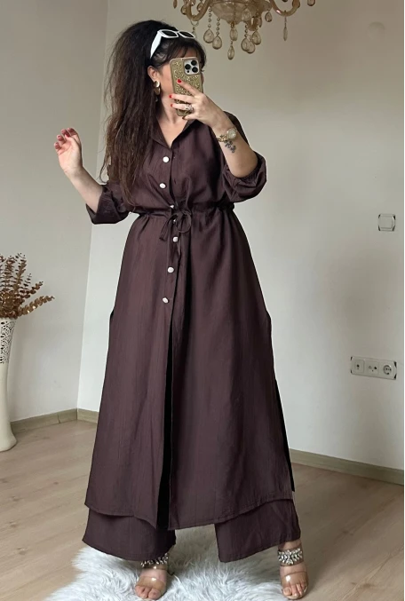 Bel Bağcıklı Tunık Takım Kahve
