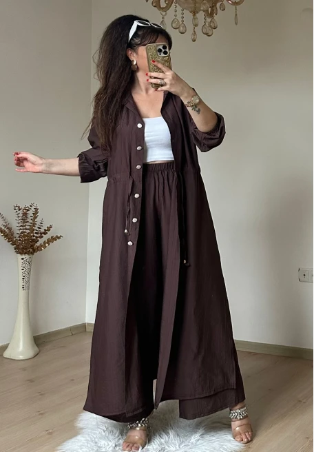 Bel Bağcıklı Tunık Takım Kahve