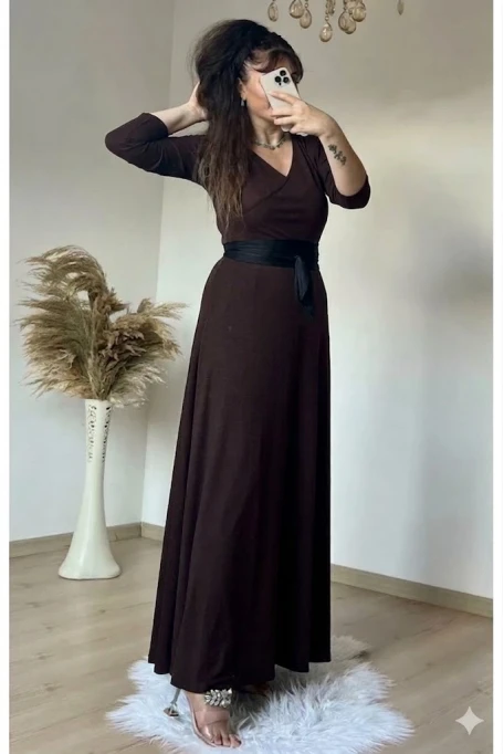 Tam Boy Kemerli Düz Elbise Kahve