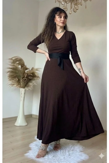 Tam Boy Kemerli Düz Elbise Kahve