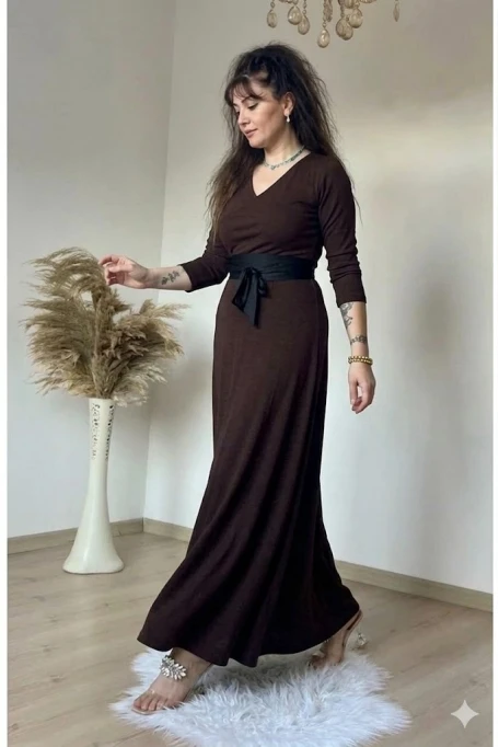 Tam Boy Kemerli Düz Elbise Kahve