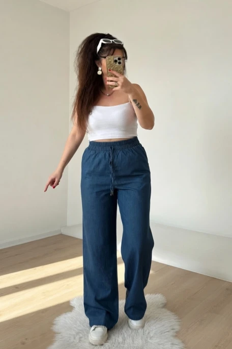 Bel Bağcıklı Lastıklı Kot Pantalon