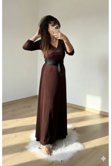 Tam Boy Kemerli Düz Elbise Kahve