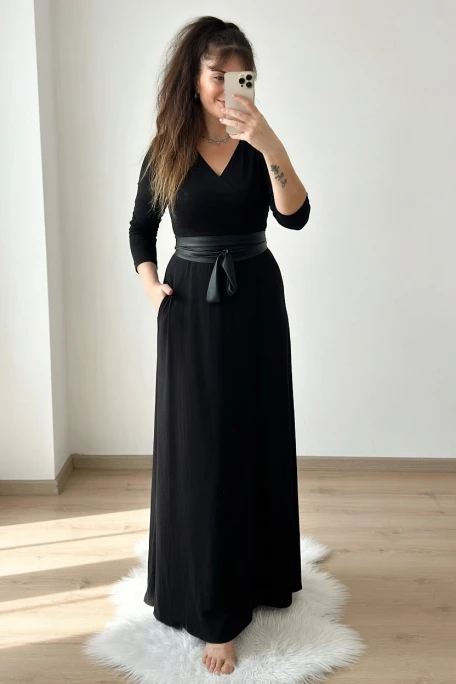 Tam Boy Kemerli Düz Elbise Siyah