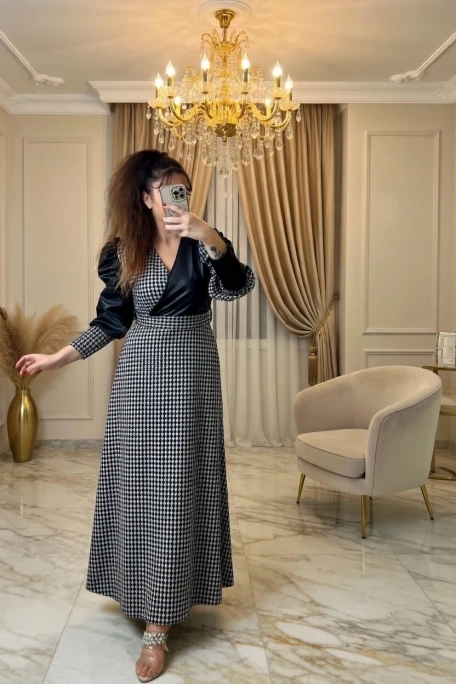 Kruvaze Yakalı Kazayağı Desen Deri Detay Ekose Elbise Gri