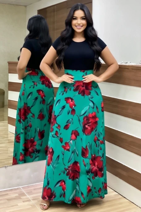 Yeşil İri Gül Desen Viskon Elbise