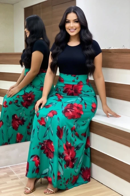 Yeşil İri Gül Desen Viskon Elbise