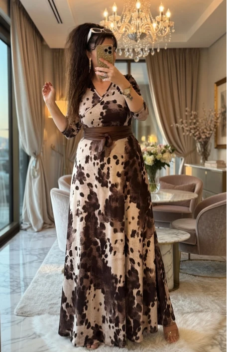 Tam Boy Dalmaçya Desen Kahve Elbise