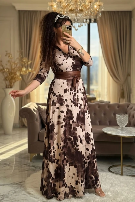 Tam Boy Dalmaçya Desen Kahve Elbise