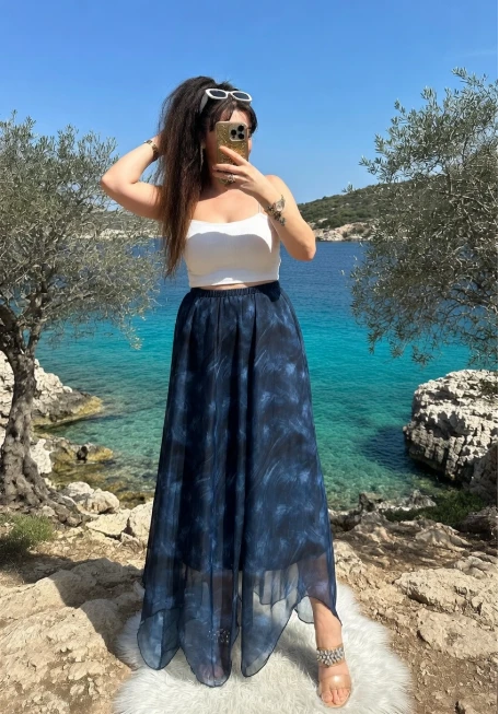 Eteği Çapraz Mavi Desen Şifon Etek