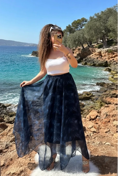 Eteği Çapraz Mavi Desen Şifon Etek