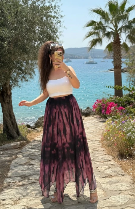 Eteği Çapraz Pembe Desen Şifon Etek