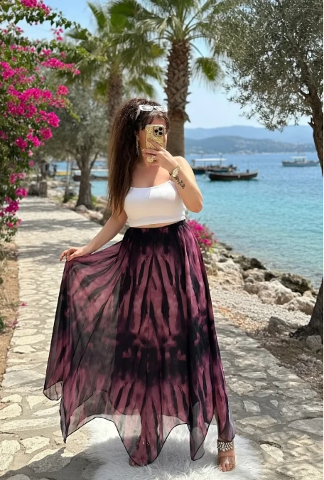 Eteği Çapraz Pembe Desen Şifon Etek