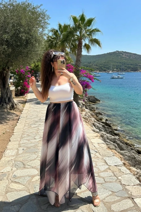 Eteği Çapraz Beyaz Desen Şifon Etek