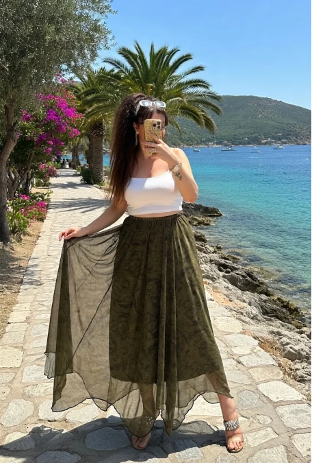 Yeşil Desen Tül Etek