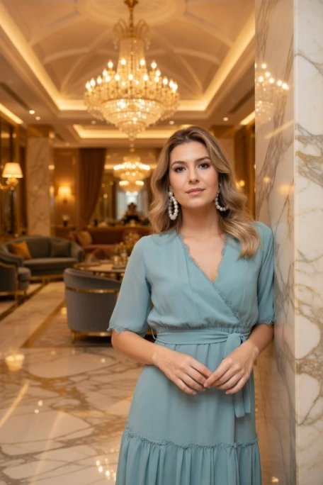 Kısa Kol Etek Ucu Güpürlü Elbise - SU YEŞİLİ