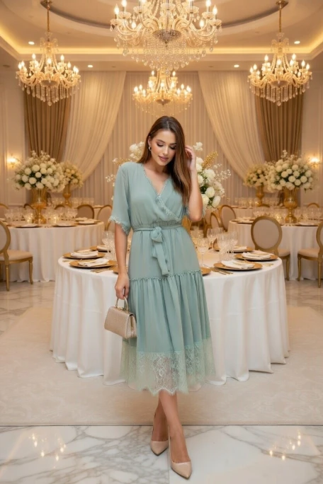 Kısa Kol Etek Ucu Güpürlü Elbise - SU YEŞİLİ