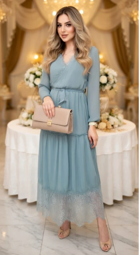 Uzun Kol Etek Ucu Güpürlü Elbise - SU YEŞİLİ