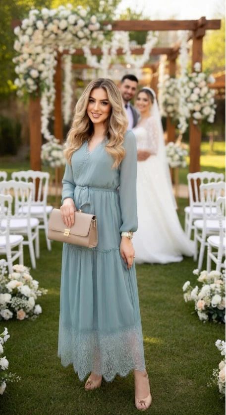 Uzun Kol Etek Ucu Güpürlü Elbise - SU YEŞİLİ