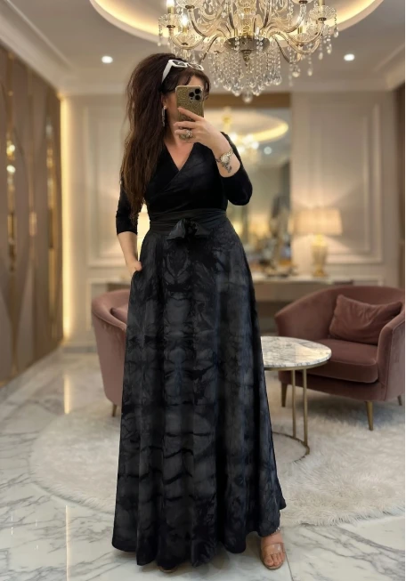 Tam Boy Füme Dalga Desen Elbise