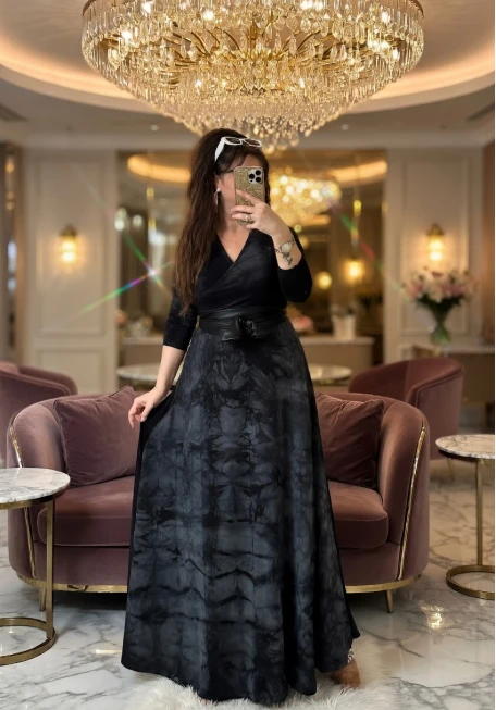 Tam Boy Füme Dalga Desen Elbise