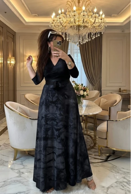 Tam Boy Füme Dalga Desen Elbise