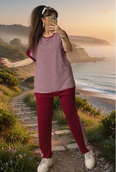 Bisiklet Yaka Çizgili Takım Bordo