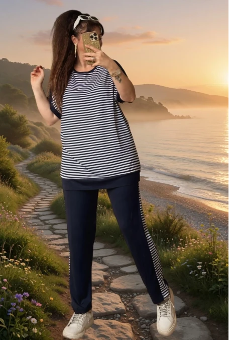 Bisiklet Yaka Çizgili Takım Lacivert