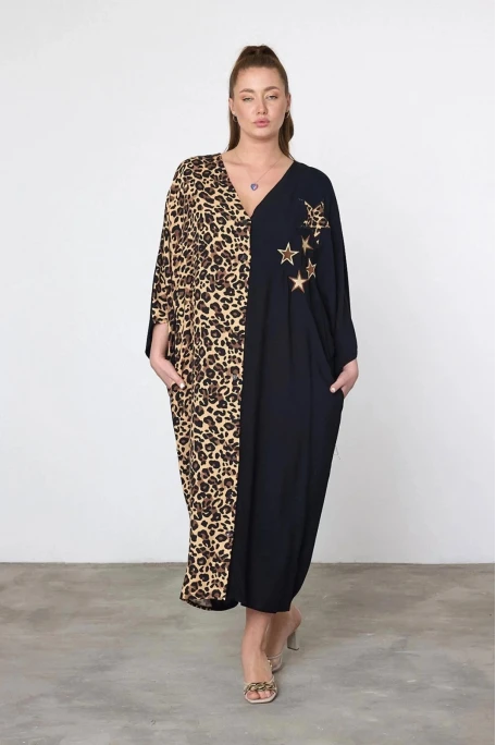Leopar Nakış İşlemeli Maxi Boy Elbise