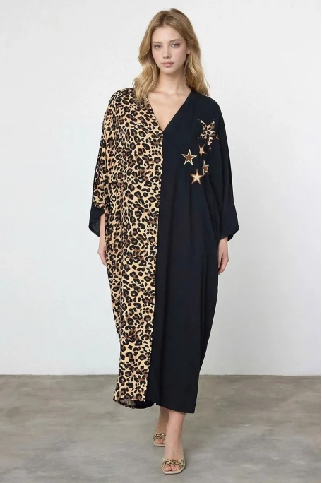Leopar Nakış İşlemeli Maxi Boy Elbise