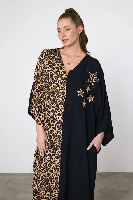 Leopar Nakış İşlemeli Maxi Boy Elbise