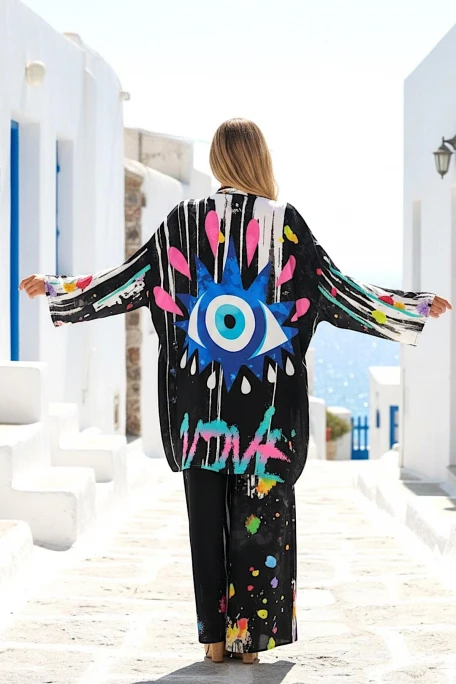 Göz Desenli Cepli Bol Tunik Pantolon İkili Takım