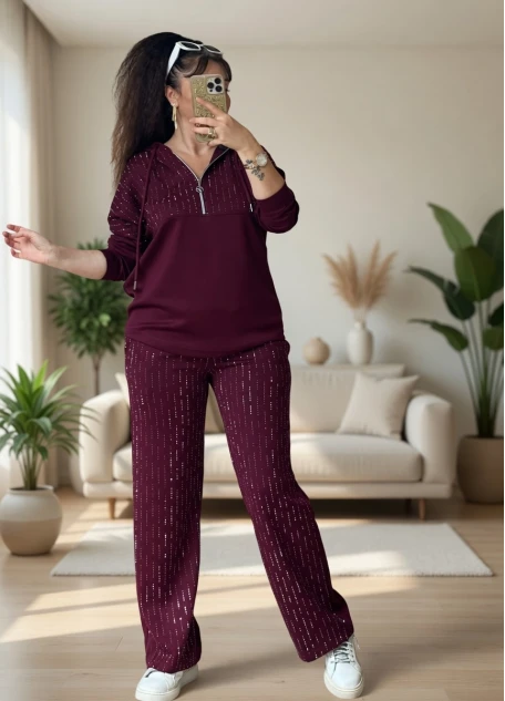 Kapusonlu Taşlı Takım Bordo Büyük Beden