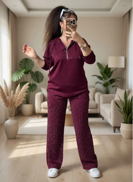 Kapusonlu Taşlı Takım Bordo Büyük Beden