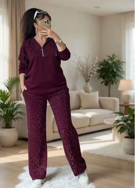 Kapusonlu Taşlı Takım Bordo Büyük Beden