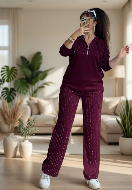 Kapusonlu Taşlı Takım Bordo Büyük Beden