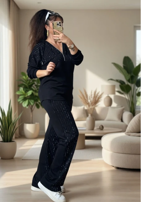 Kapusonlu Taşlı Takım Siyah Büyük Beden