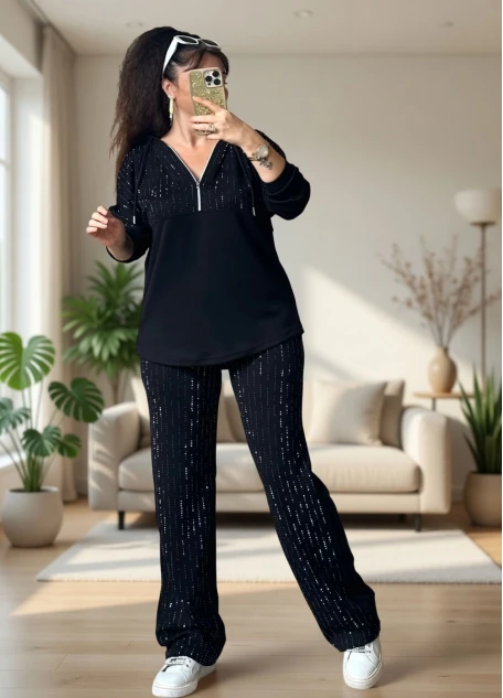 Kapusonlu Taşlı Takım Siyah Büyük Beden