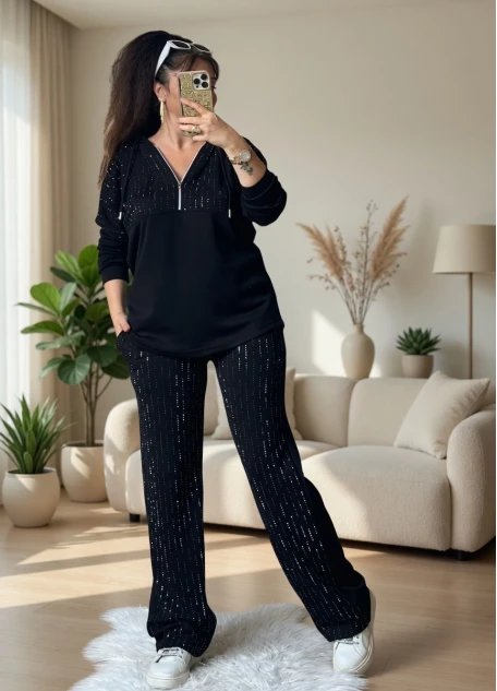 Kapusonlu Taşlı Takım Siyah Büyük Beden