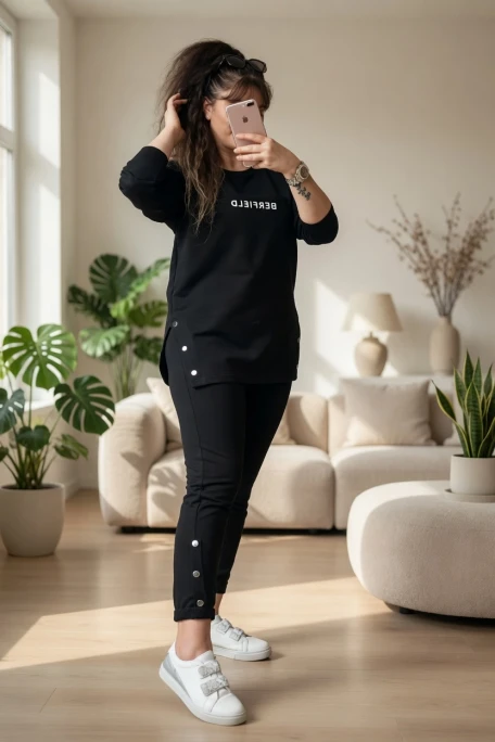 Uzun Kol Yan Çıtçıtlı Siyah Takım