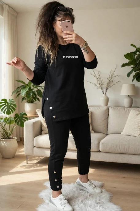 Uzun Kol Yan Çıtçıtlı Siyah Takım