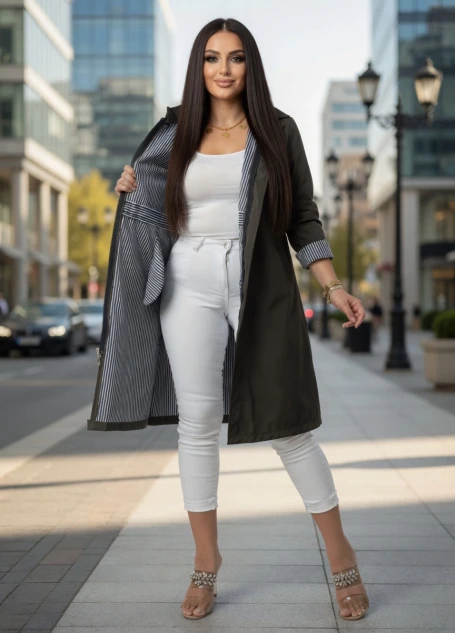 Çizgili Trençkot Haki