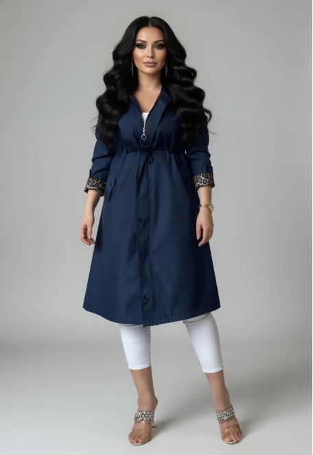 Patlı Trençkot Lacivert Büyük Beden