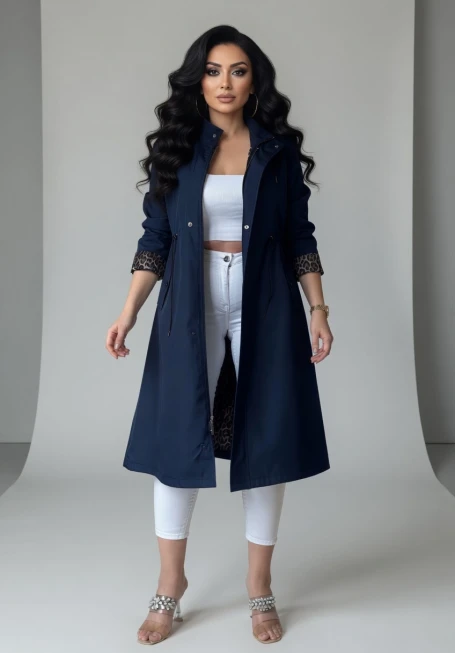 Patlı Trençkot Lacivert Büyük Beden