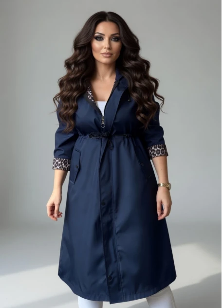 Patlı Trençkot Lacivert Büyük Beden