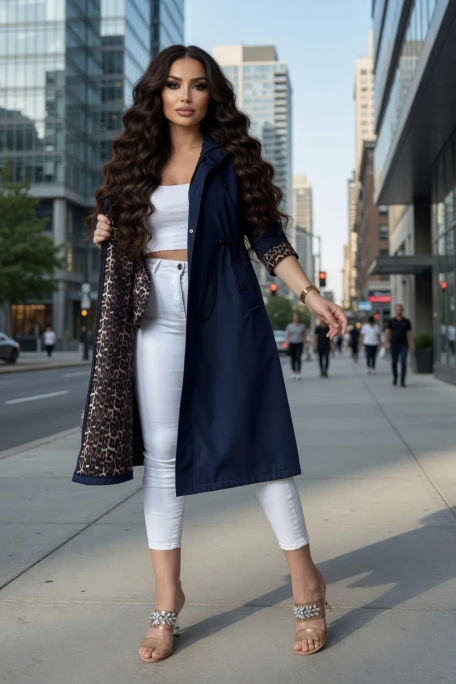 Patlı Trençkot Lacivert Büyük Beden