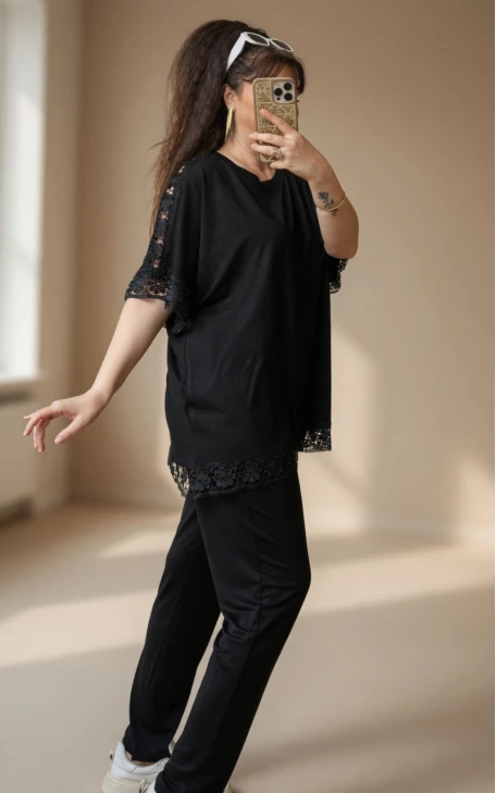 Kol Ve Etek Ucu Dantel Detaylı Takım Siyah