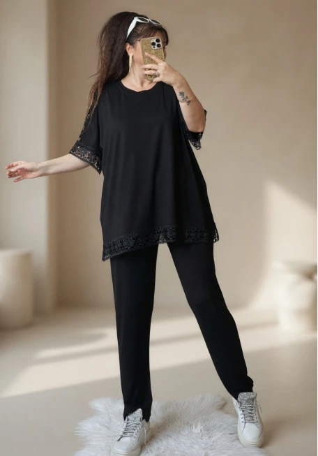 Kol Ve Etek Ucu Dantel Detaylı Takım Siyah