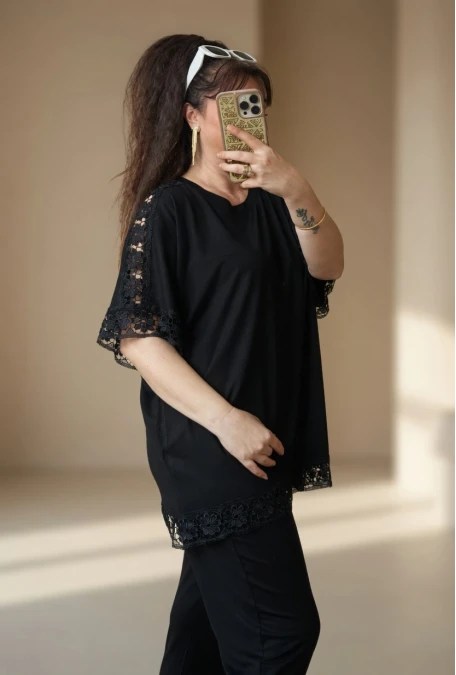 Kol Ve Etek Ucu Dantel Detaylı Takım Siyah